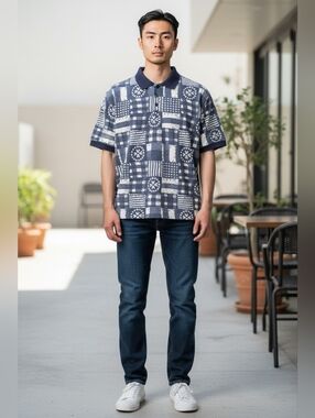 Vintage Mickey Inc Patchwork Polo Shirt XXL Disney All Over Print Blue 90s Style